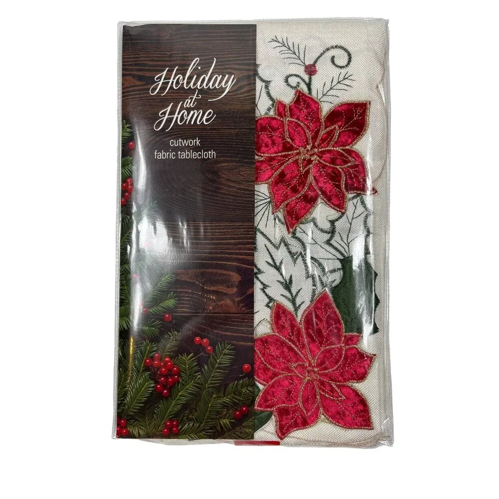 Holiday Christmas Elrene Poinsettia Cut Work Fabric Tablecloth 60